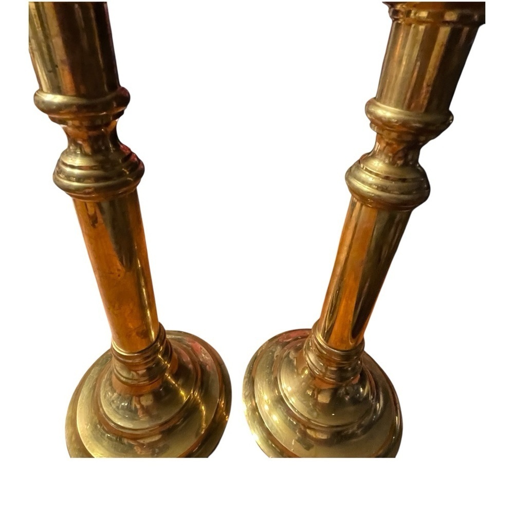 Vtg Brass Candlestick Holders Pair Fluted Column Round Step Base Heavy MCM 10" - Picture 4 of 8